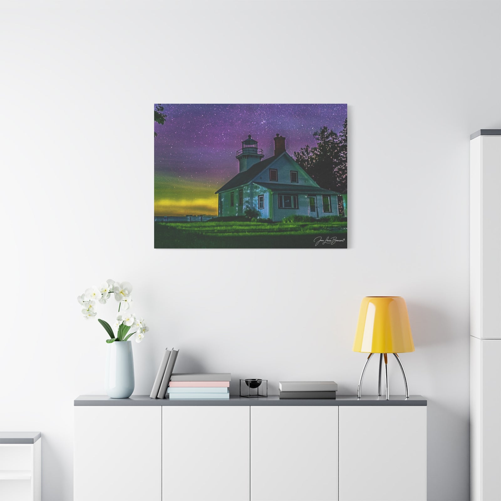 Mission Point Lighthouse Northern Lights - Stretched Canvas Art Print