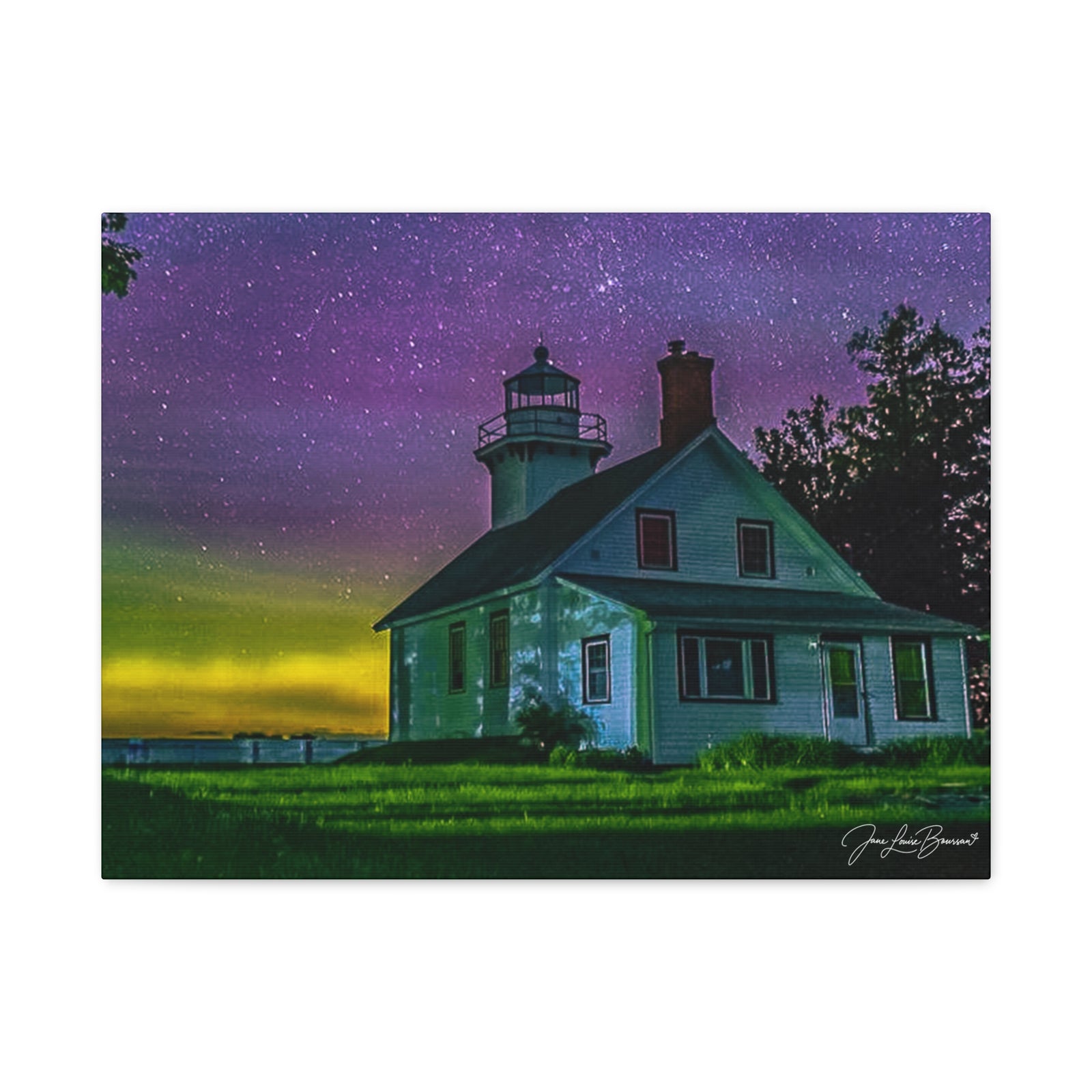 Mission Point Lighthouse Northern Lights - Stretched Canvas Art Print
