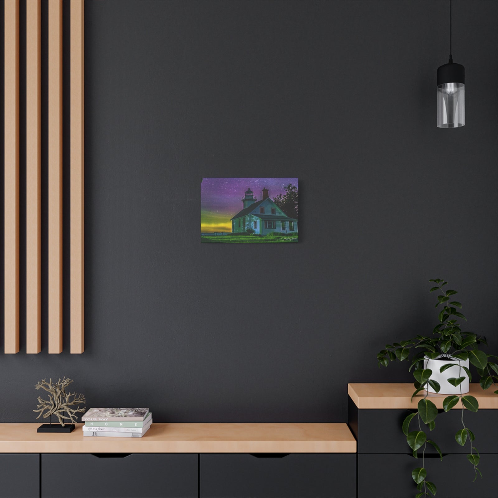 Mission Point Lighthouse Northern Lights - Stretched Canvas Art Print