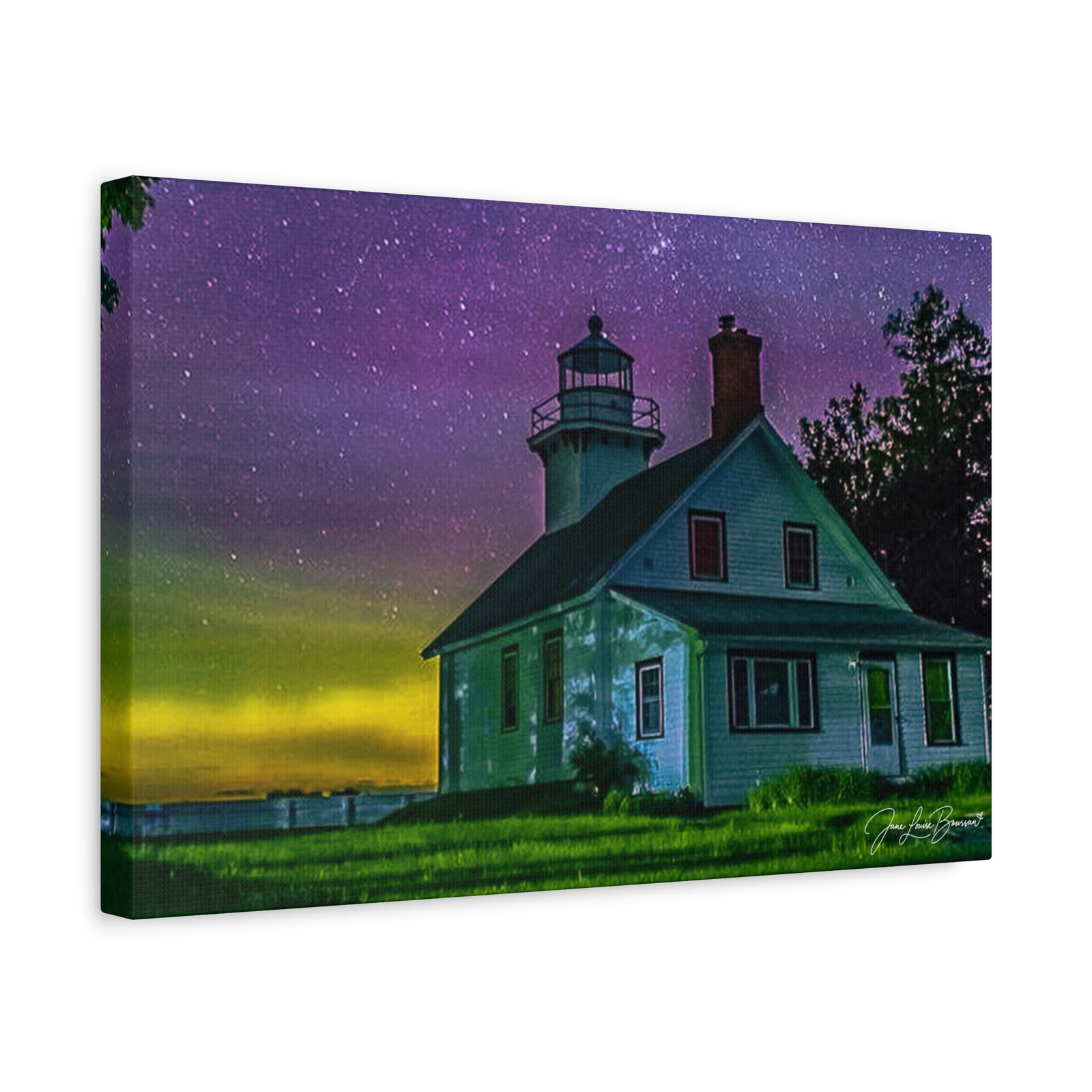Mission Point Lighthouse Northern Lights - Stretched Canvas Art Print