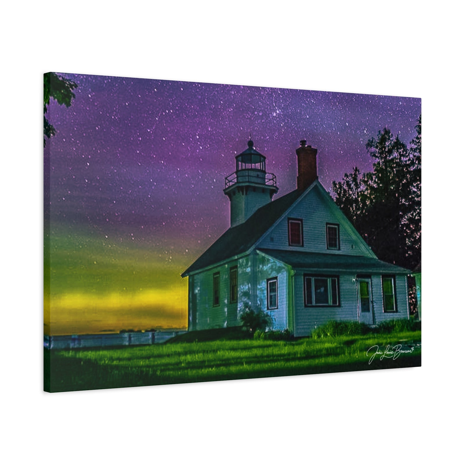 Mission Point Lighthouse Northern Lights - Stretched Canvas Art Print