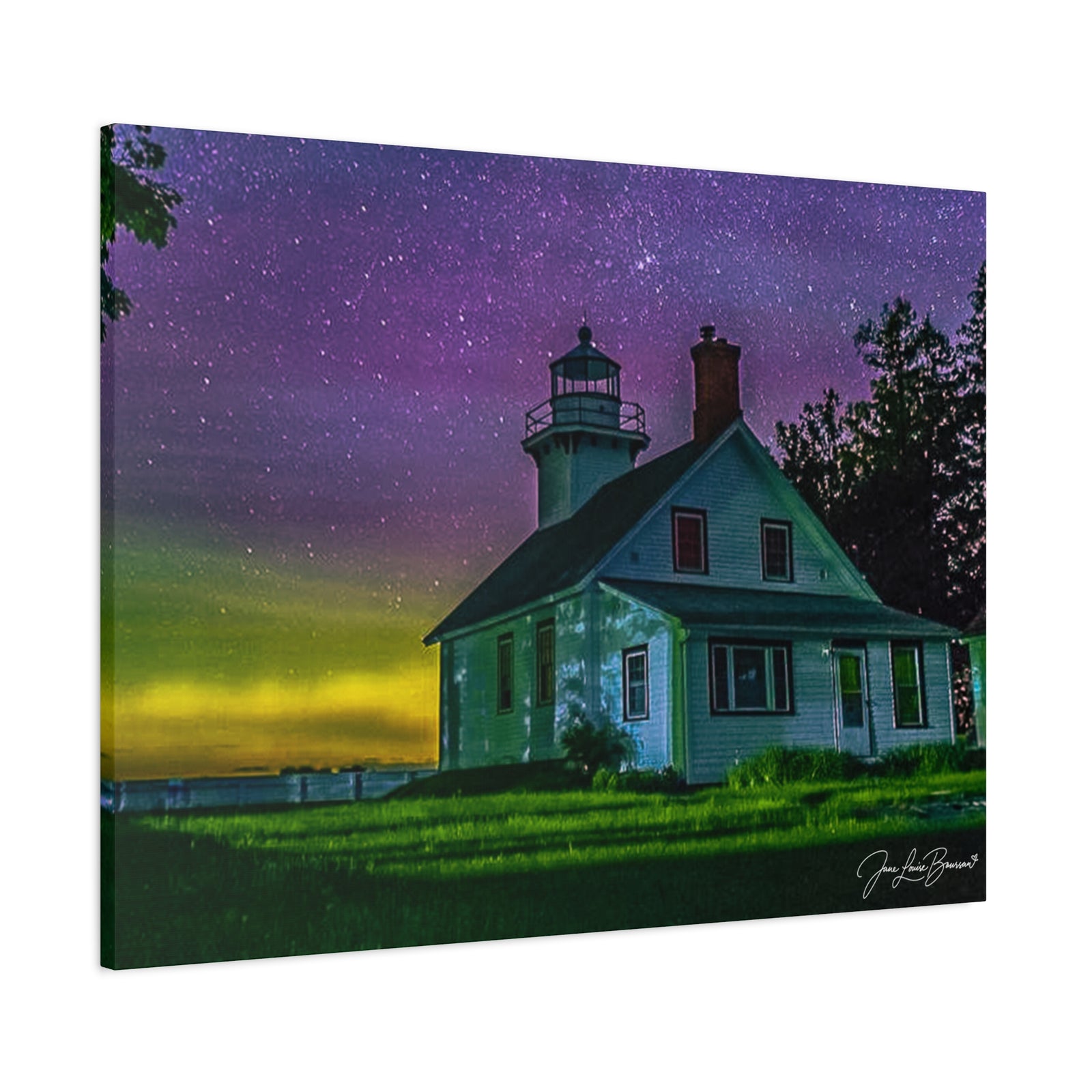 Mission Point Lighthouse Northern Lights - Stretched Canvas Art Print