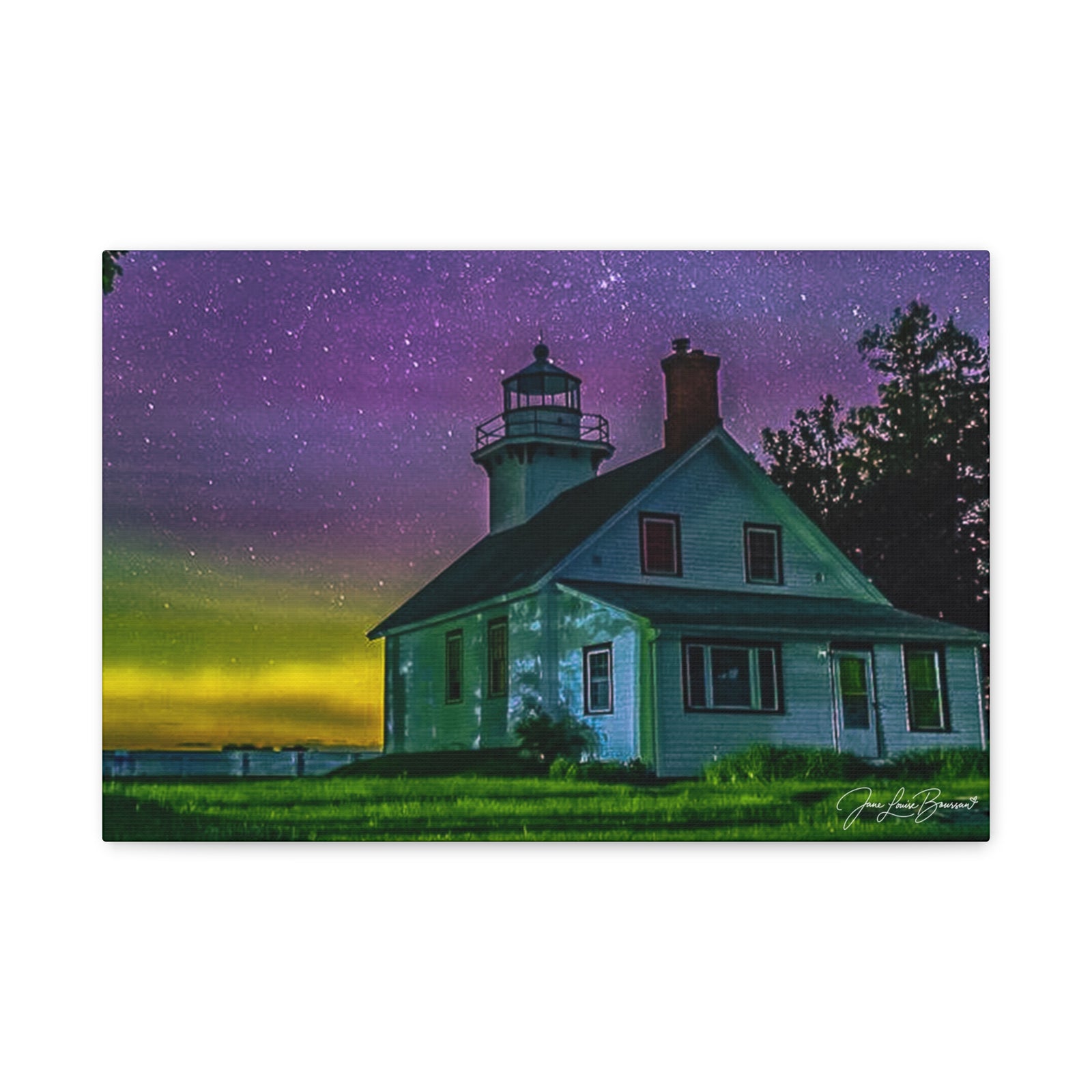 Mission Point Lighthouse Northern Lights - Stretched Canvas Art Print