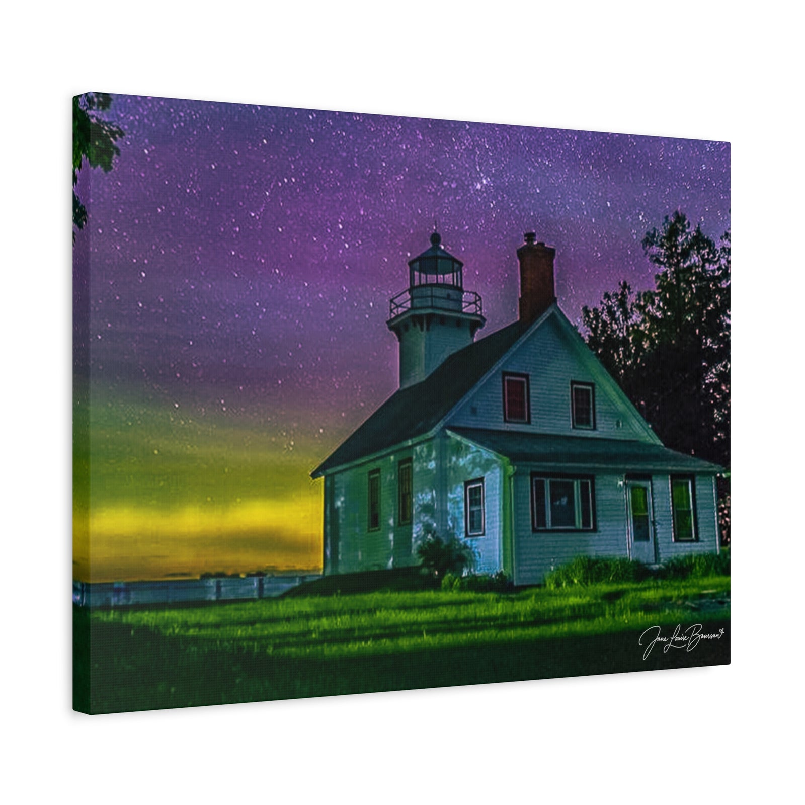 Mission Point Lighthouse Northern Lights - Stretched Canvas Art Print