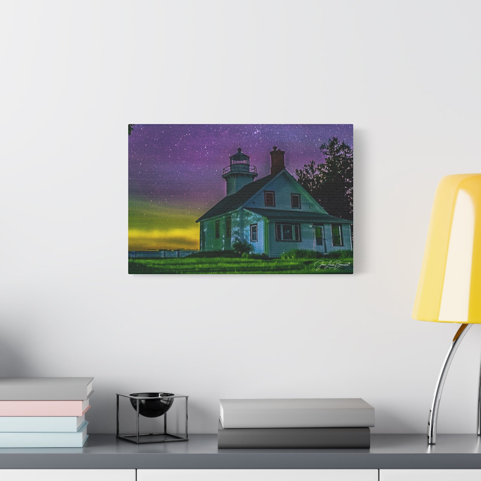 Mission Point Lighthouse Northern Lights - Stretched Canvas Art Print