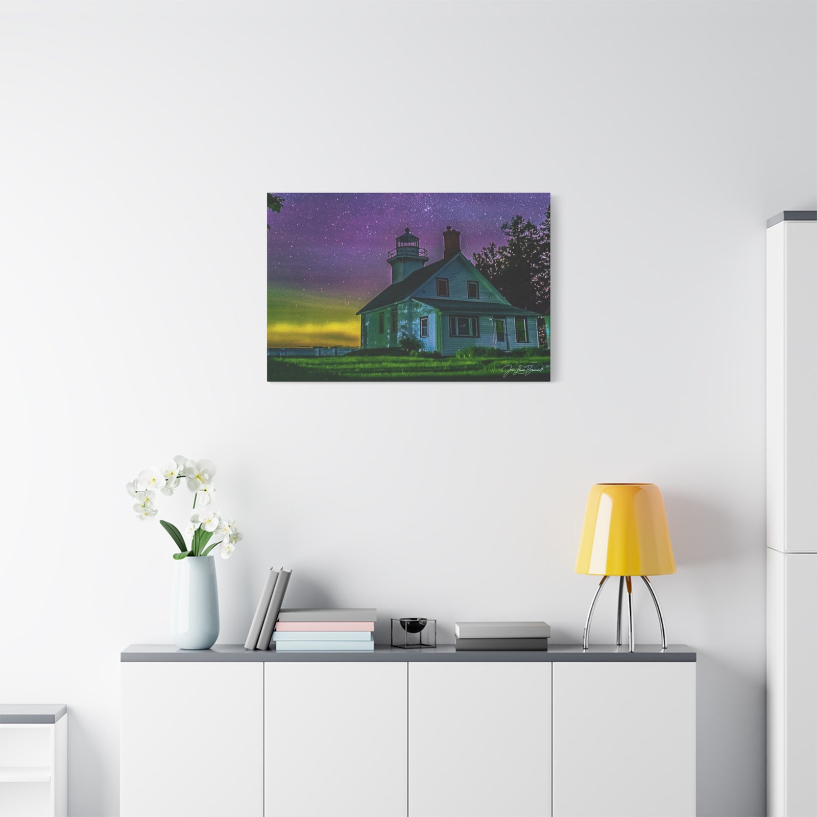 Mission Point Lighthouse Northern Lights - Stretched Canvas Art Print