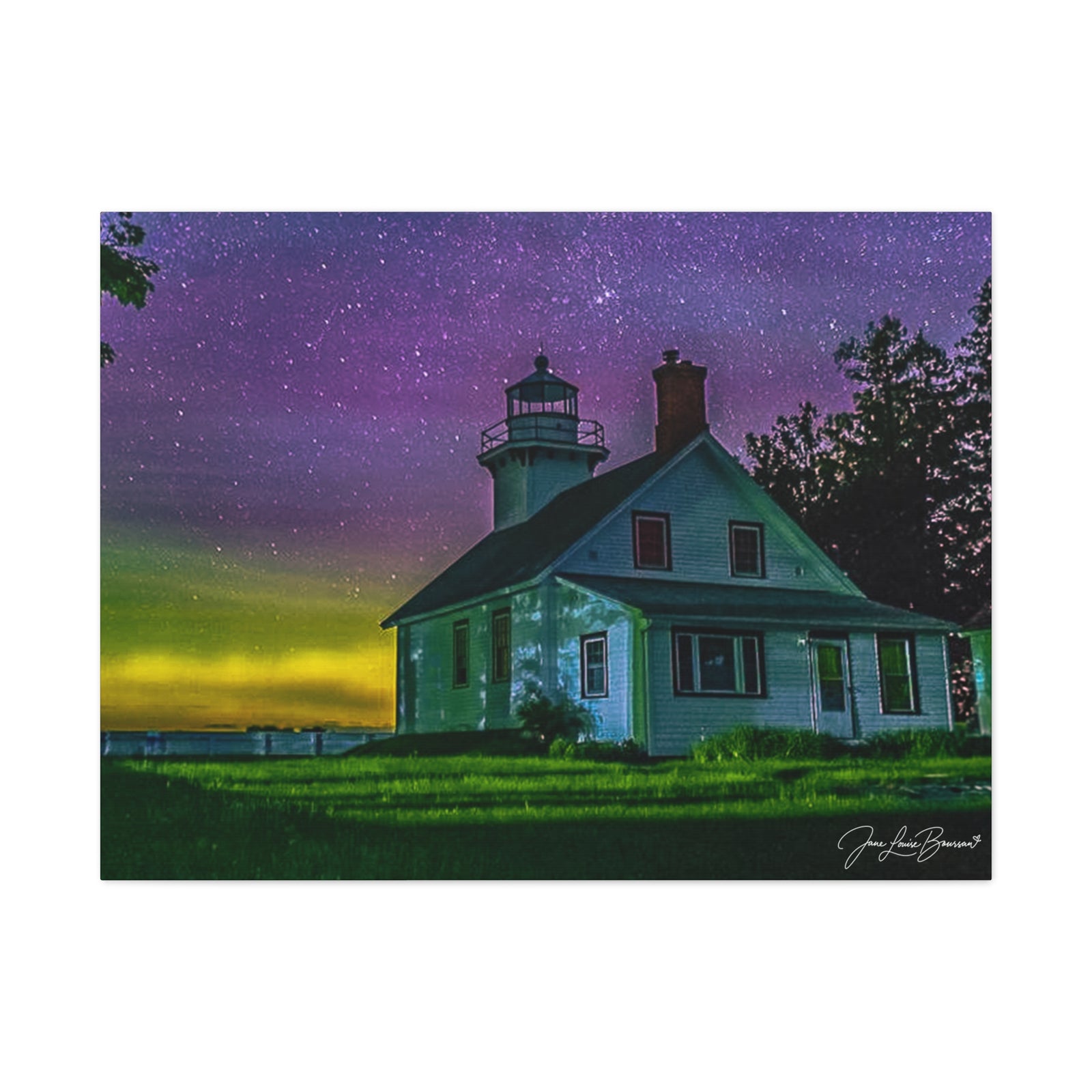 Mission Point Lighthouse Northern Lights - Stretched Canvas Art Print