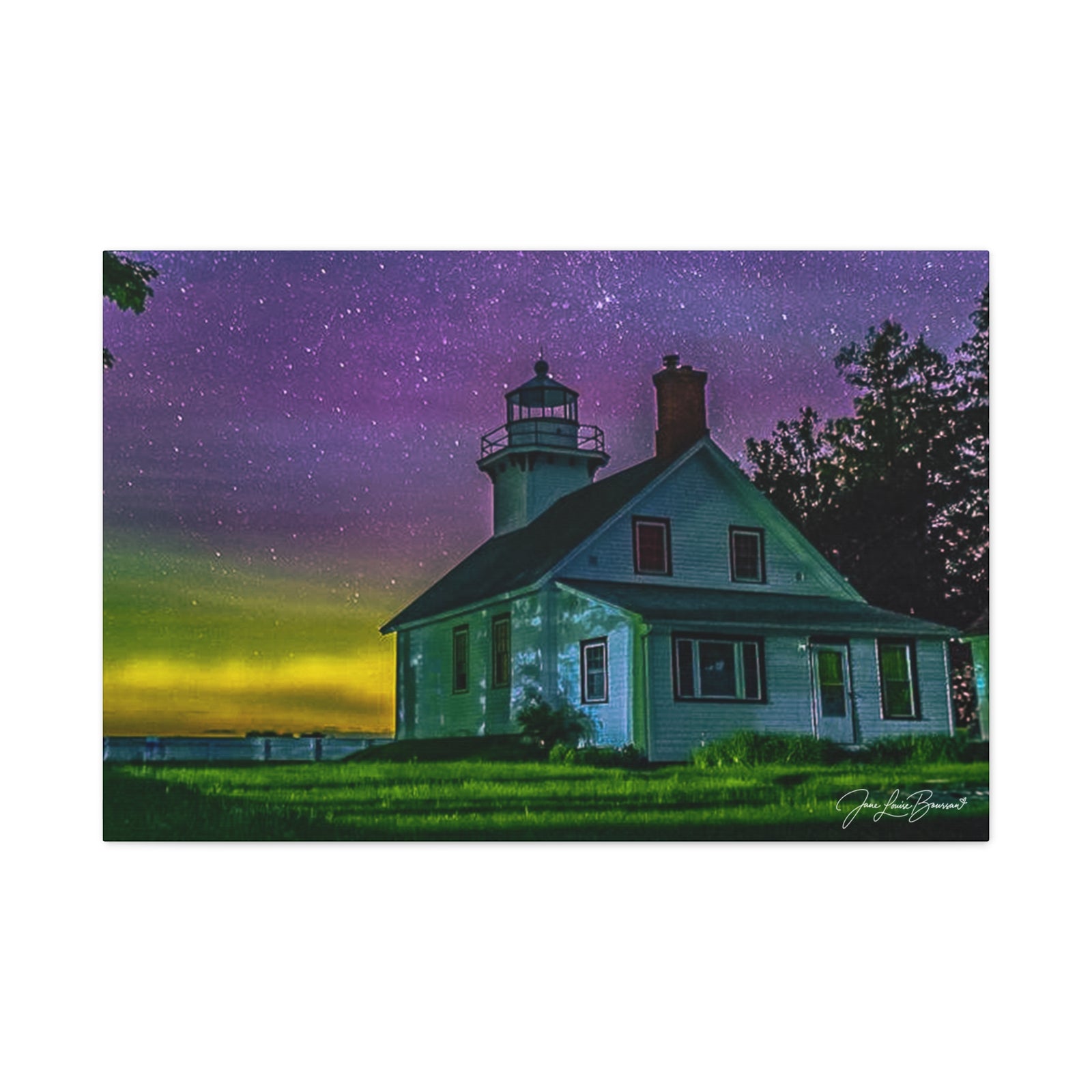 Mission Point Lighthouse Northern Lights - Stretched Canvas Art Print