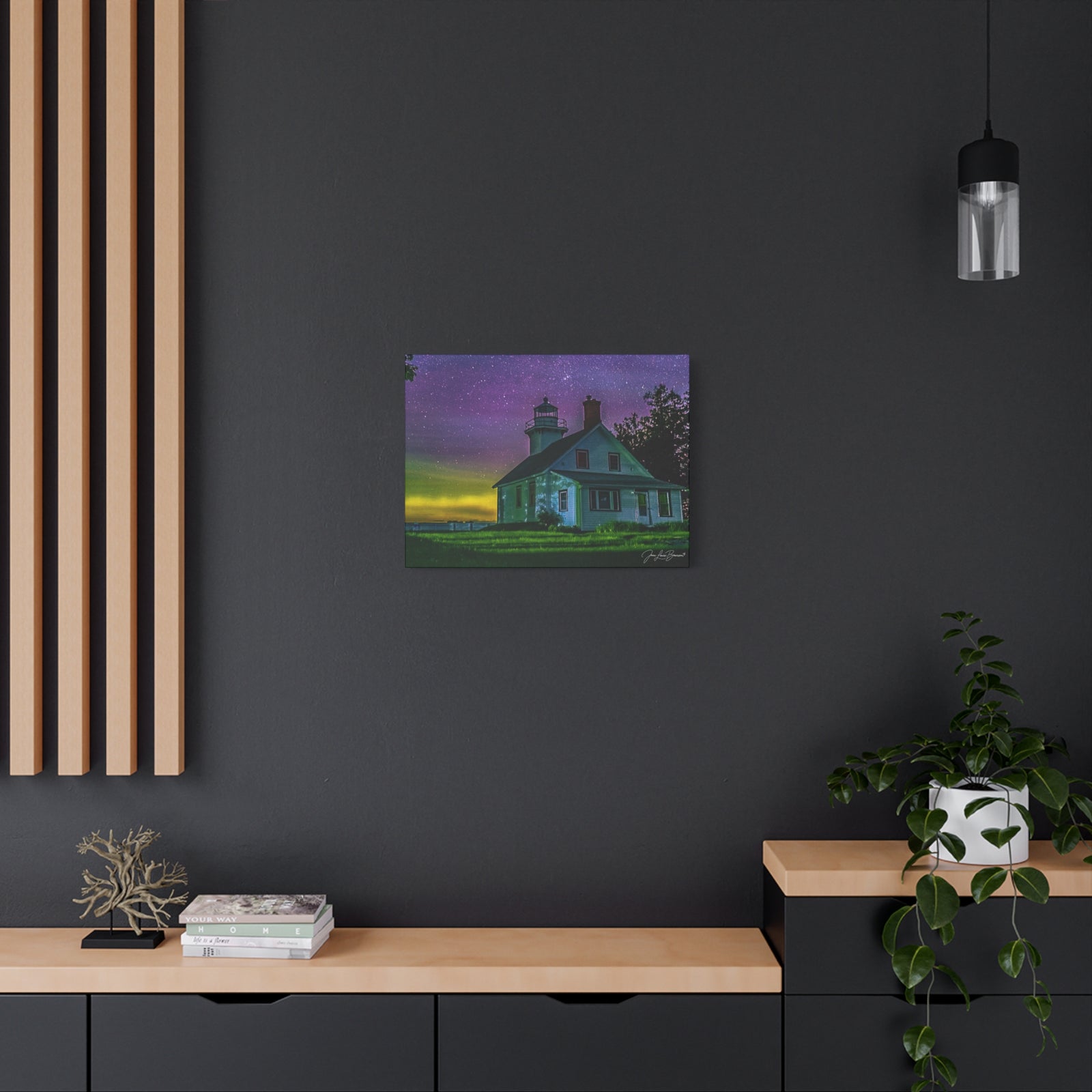 Mission Point Lighthouse Northern Lights - Stretched Canvas Art Print