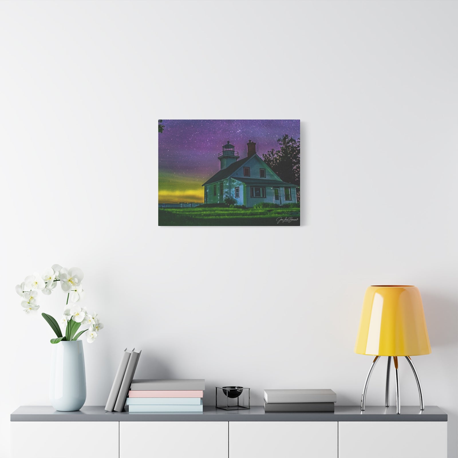 Mission Point Lighthouse Northern Lights - Stretched Canvas Art Print