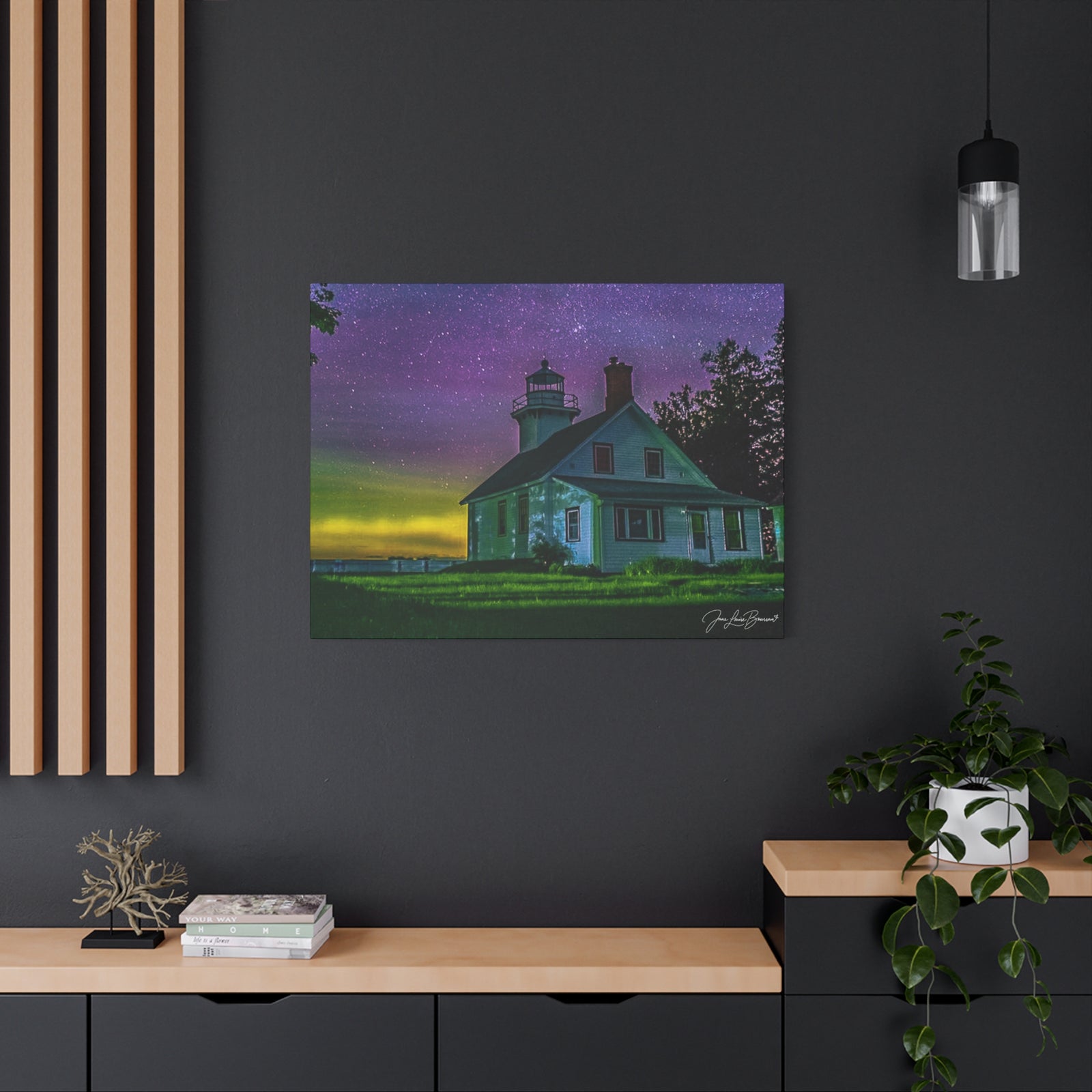Mission Point Lighthouse Northern Lights - Stretched Canvas Art Print