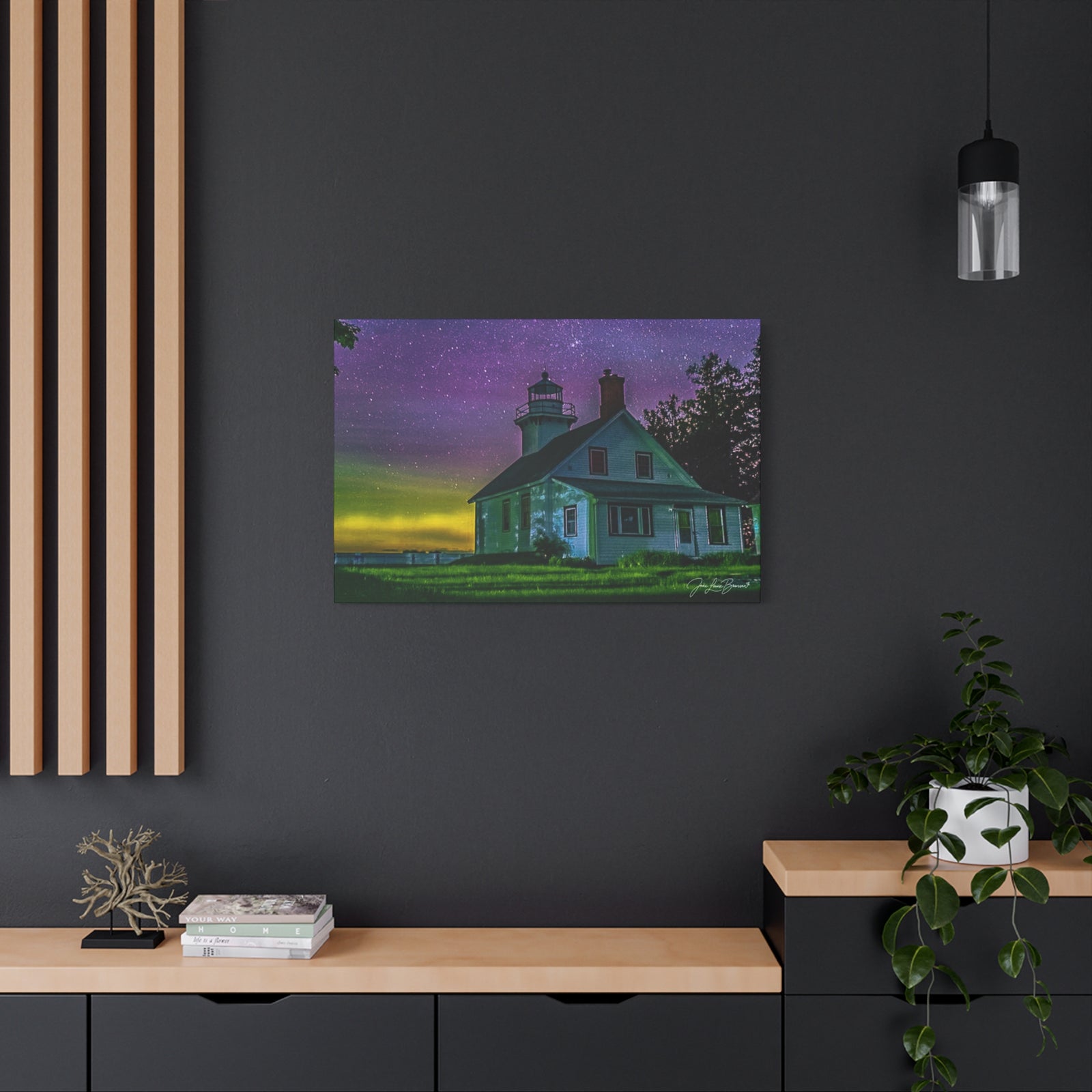 Mission Point Lighthouse Northern Lights - Stretched Canvas Art Print