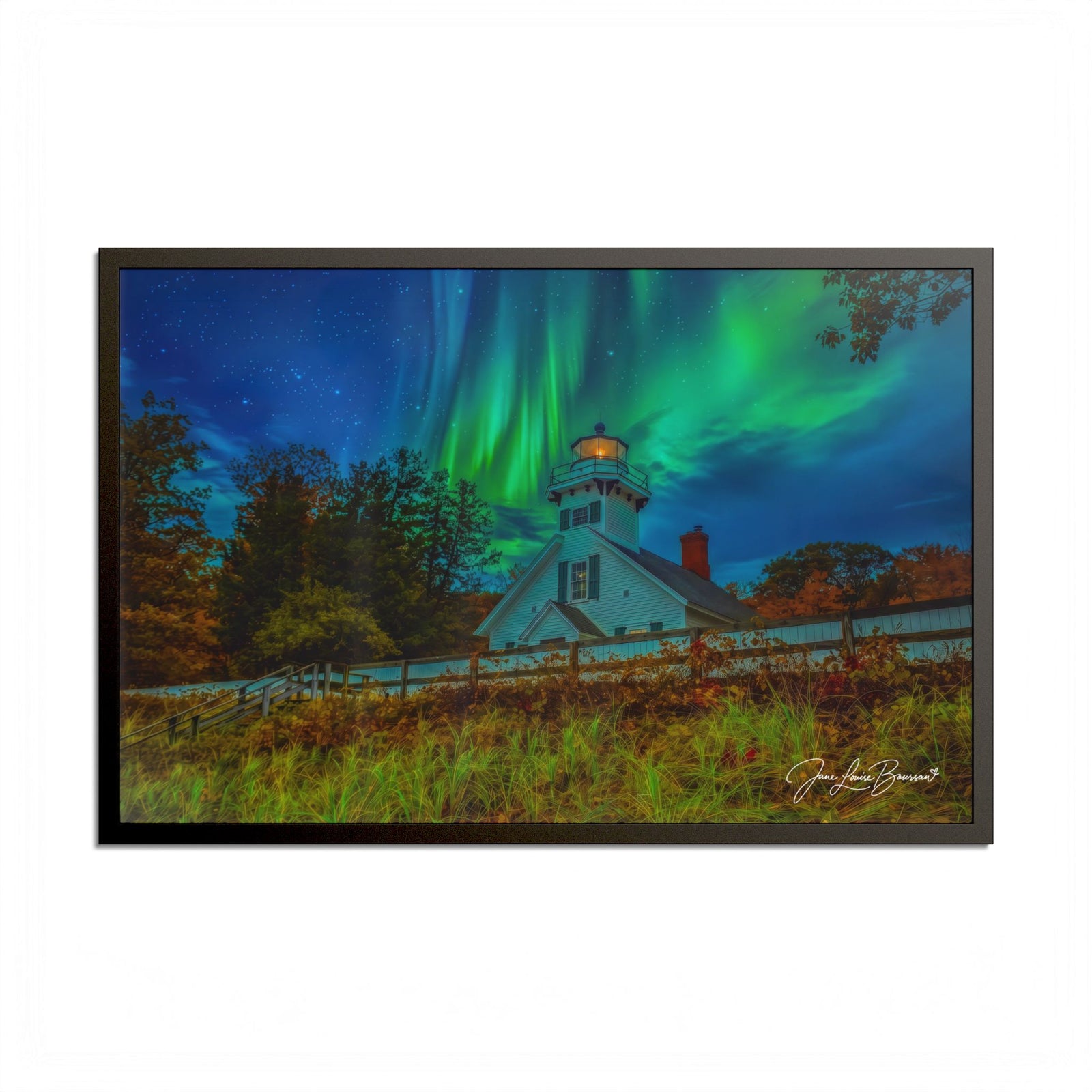 Mission Point Lighthouse Northern Lights - Framed Print