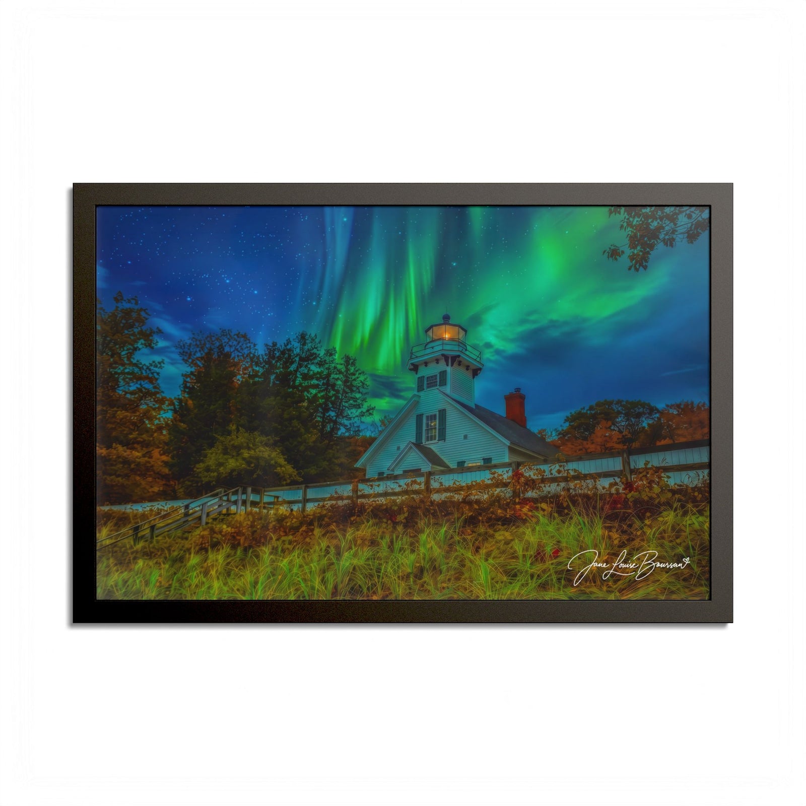 Mission Point Lighthouse Northern Lights - Framed Print