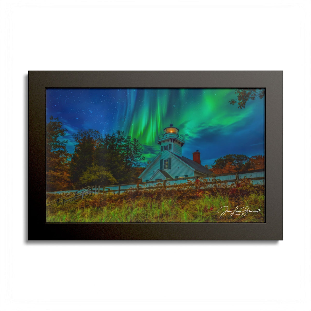 Mission Point Lighthouse Northern Lights - Framed Print
